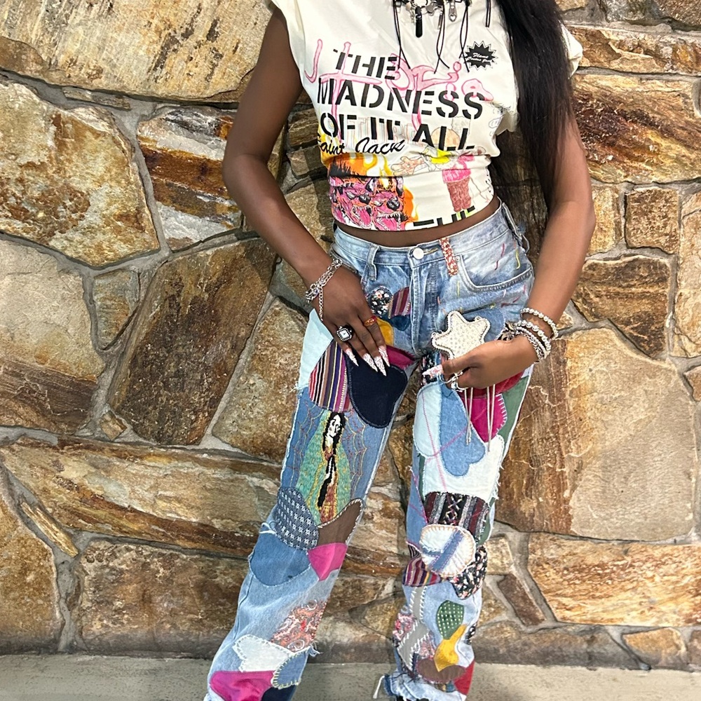 MNML Blue and Pink Straight Leg Jeans with Artistic Tie-Dye